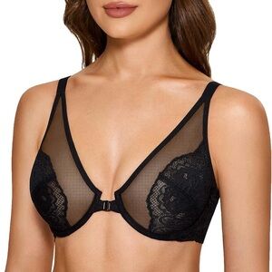 DOBREVA Lace Bra 38DD Front Closure Sexy See Through Sheer Mesh Black NEW